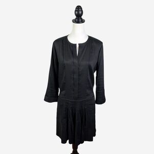 Vince Linen Blend Pleated Popover Dress Size 8 Black Pockets Hidden Button Front